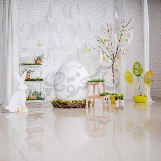 Bright studio prepared for Easter and decorated with eggs and greenery